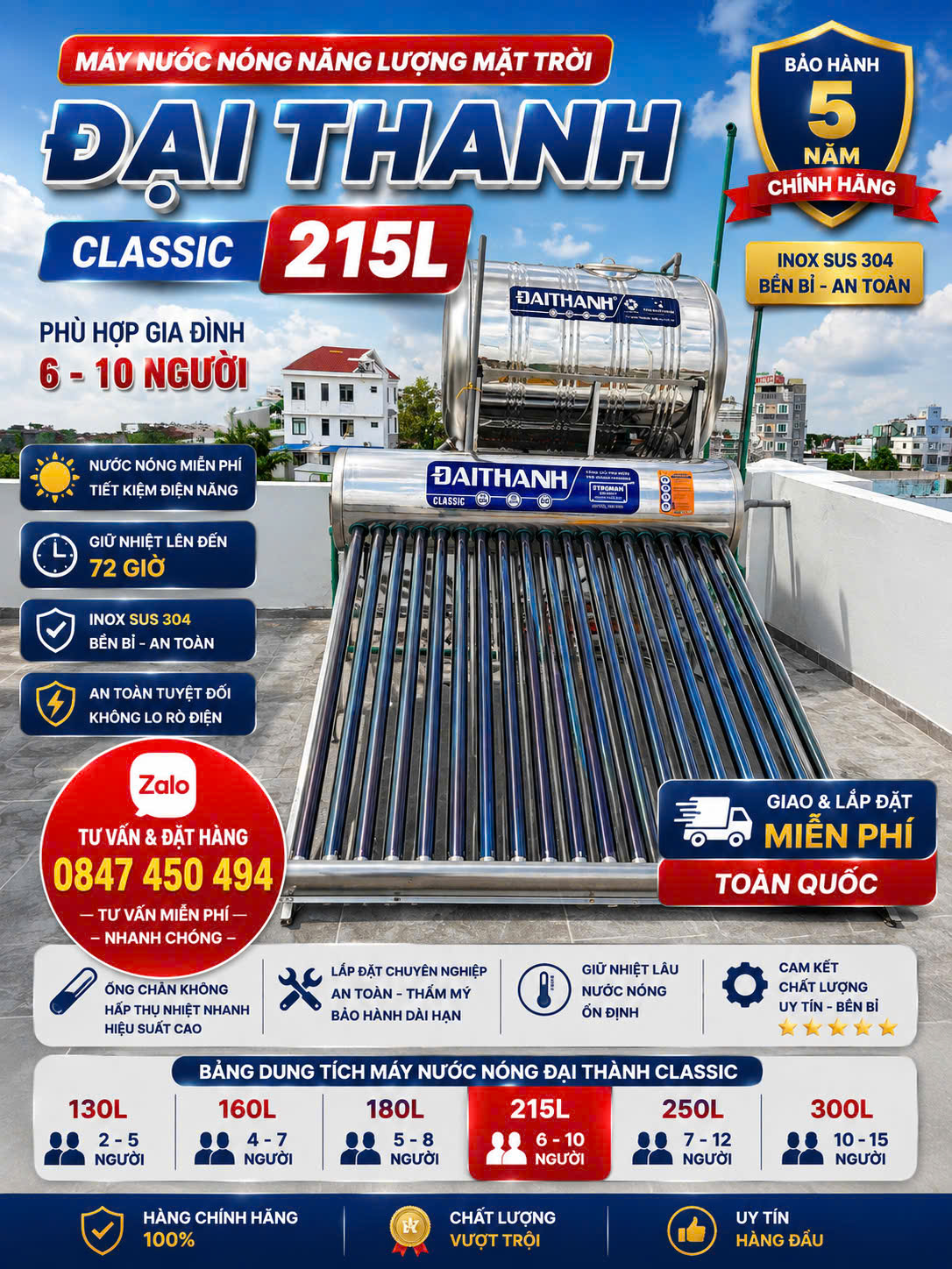 Máy nước nóng mặt trời 215 lít đại thành Classic chính hãng Tân Á Đại Thành- Giao và lắp miễn phí Toàn Quốc